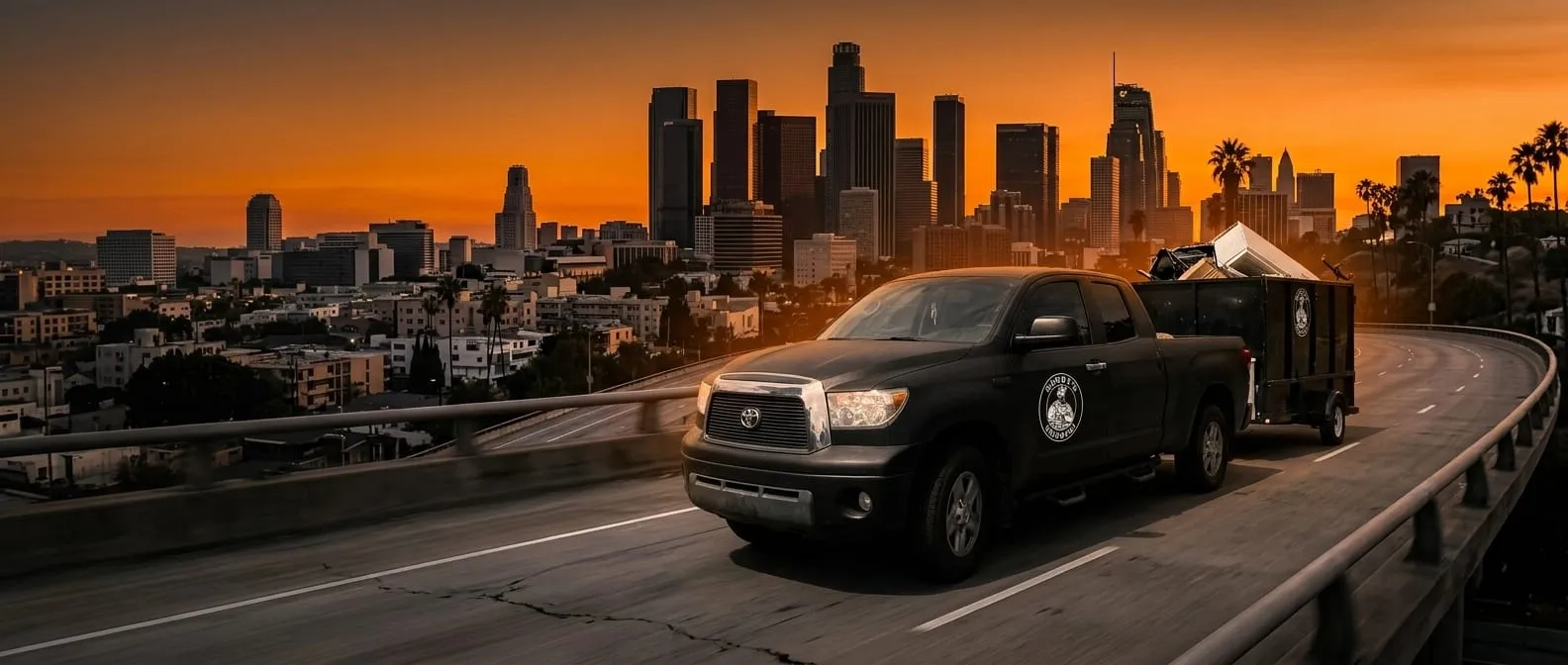 Handy Hab pickup truck hauling a loaded junk trailer on a Los Angeles freeway at sunset
